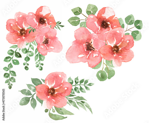 Delicate flowers Clipart set. Watercolor hand drawn Florals Bouquet illustration, Red Flowers and greenery bouquets clip art, Fall Leaves, Wedding invitation, logo design, card making