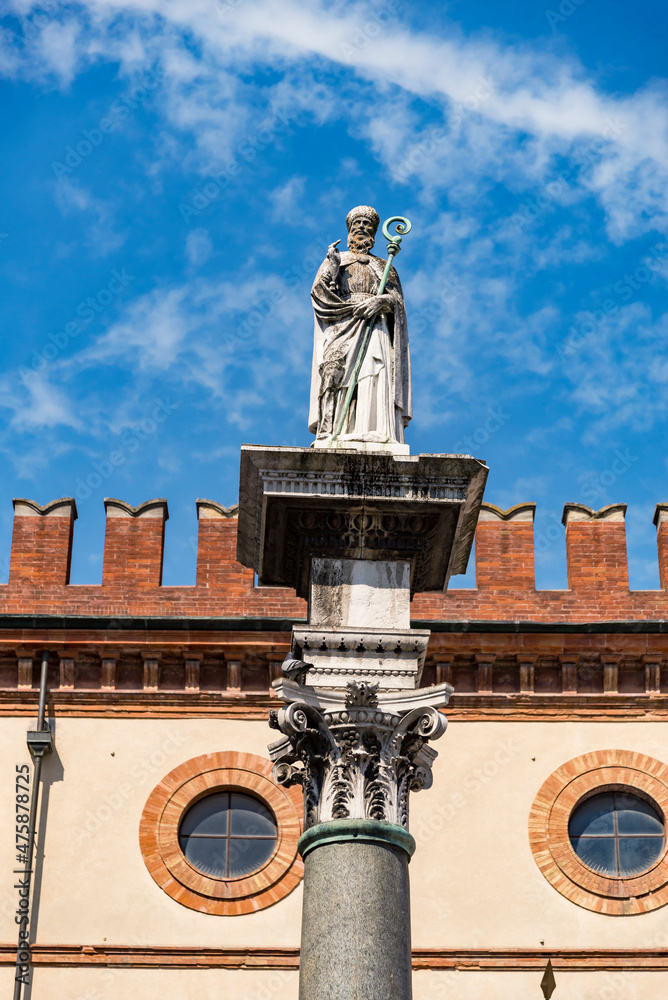 The statue of San Vitale rises in Piazza del Popolo in Ravenna