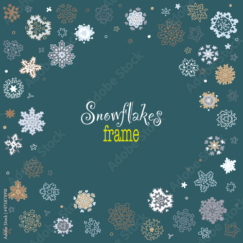 Blue square background with doodle snowflakes. Snowing circle frame. New Year card. Snow shapes. Frost window  abstract cold pattern. Winter backdrop with grey snowfall. Christmas Eve. 