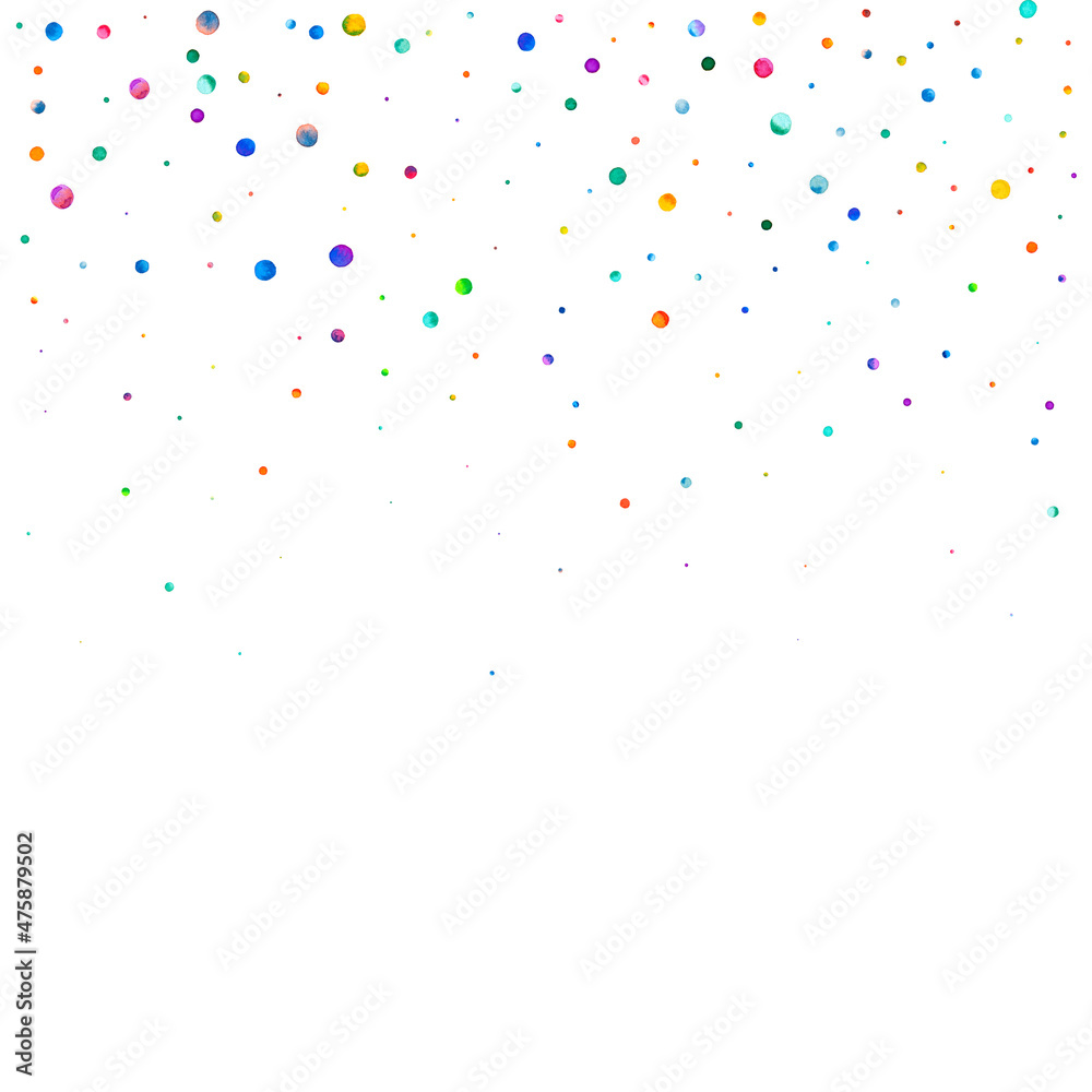 Watercolor confetti on white background. Admirable rainbow colored dots. Happy celebration square colorful bright card. Sightly hand painted confetti.