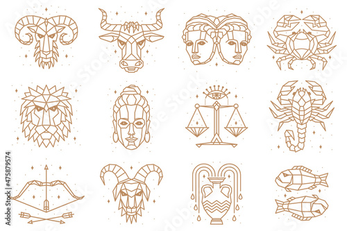 Thin line vector zodiacal symbols. Astrology, horoscope sign, graphic design elements, printing template. Vintage outline stroke style. Isolated on white.