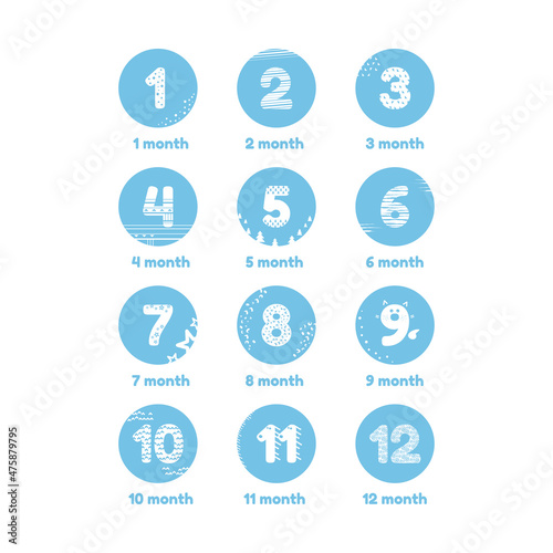 12-month template for newborns, blue minimalism vector illustration,stickers for boy and girl