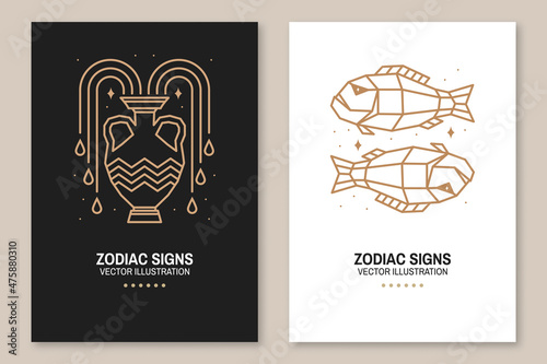 Set of Zodiac astrology horoscope signs aquarius and pisces flyer, brochure, banner, poster. Vector illustration. Elegant line art symbol or icon of aquarius, pisces esoteric zodiacal horoscope