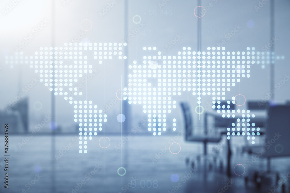 Multi exposure of abstract graphic world map on a modern furnished classroom background, big data and networking concept Multi exposure of abstract graphic world map on a modern furnished classroom background, big data and networking concept