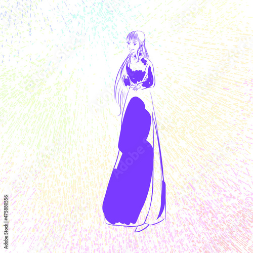 紫色のロングドレスを着た長い髪の女性