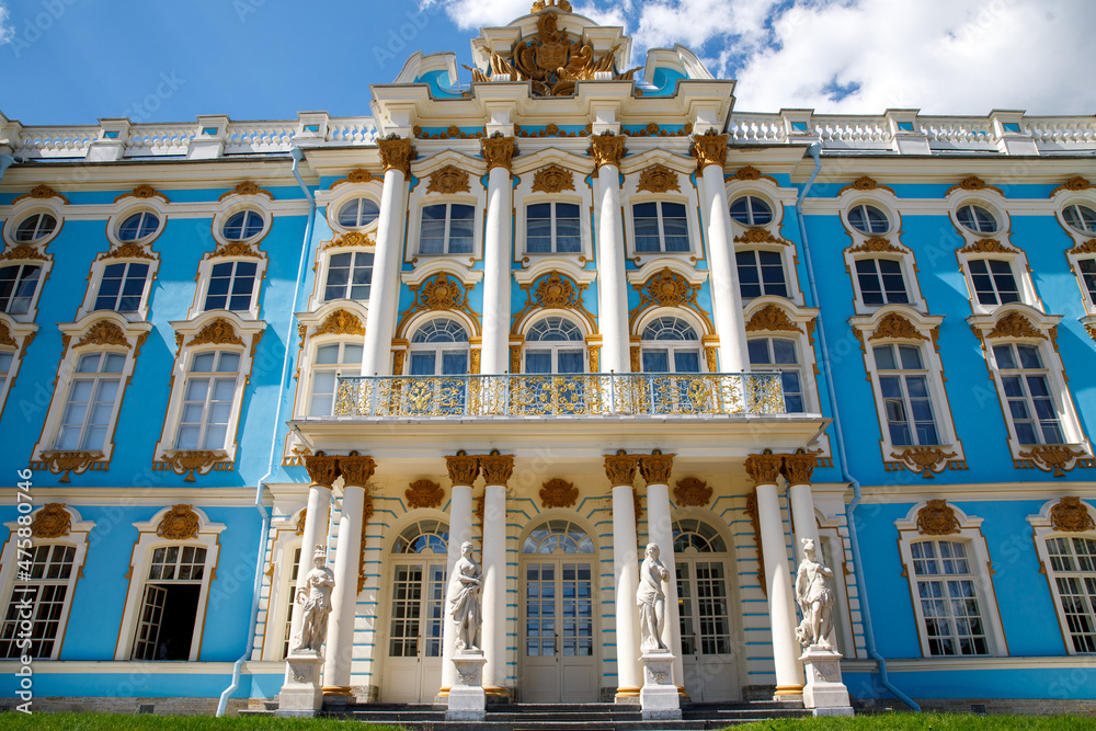 Fragment of the facade of Catherine Palace in Tsarskoe selo. Atlanteans hold cornice, a monument of Russian Baroque architecture of XVIII century, UNESCO heritage. Pushkin, Saint Petersburg, Russia
