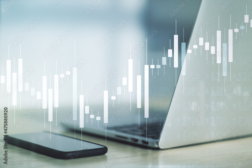 Abstract creative financial graph on modern laptop background, financial and trading concept. Multiexposure Abstract creative financial graph on modern laptop background, financial and trading concept. Multiexposure