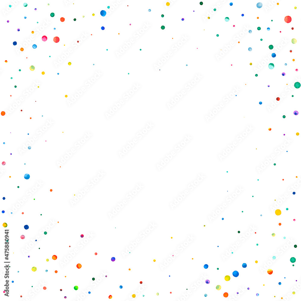 Watercolor confetti on white background. Admirable rainbow colored dots. Happy celebration square colorful bright card. Magnificent hand painted confetti.