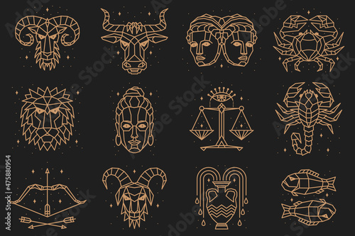 Thin line vector zodiacal symbols. Astrology, horoscope sign, graphic design elements, printing template. Vintage outline stroke style. Isolated on white.