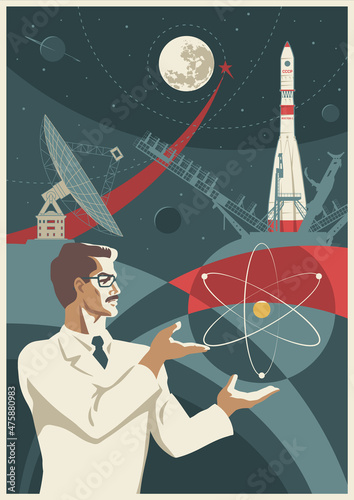 Soviet Space Propaganda Posters Style Illustration, Scientist, Space Rocket, Radio Telescope, Moon and Stars