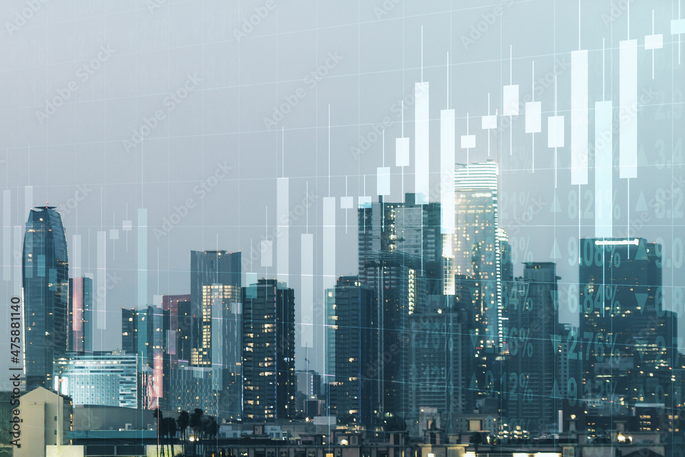 Double exposure of abstract creative financial chart hologram on Los Angeles skyscrapers background, research and strategy concept