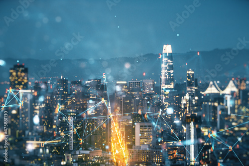 Abstract virtual wireless technology hologram on San Francisco skyline background. Big data and database concept. Multiexposure
