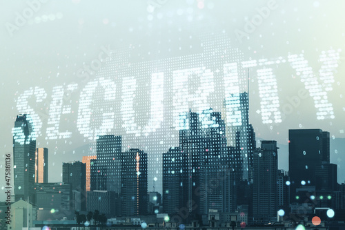 Virtual cyber security creative concept on Los Angeles city skyline background. Double exposure