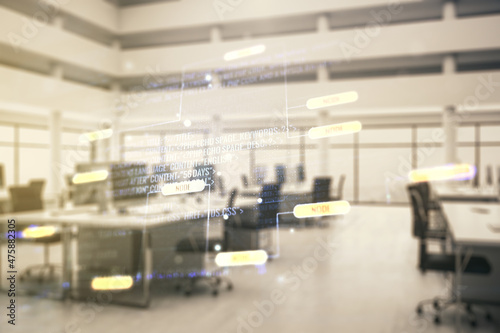 Multi exposure of abstract software development hologram on modern corporate office background, research and analytics concept