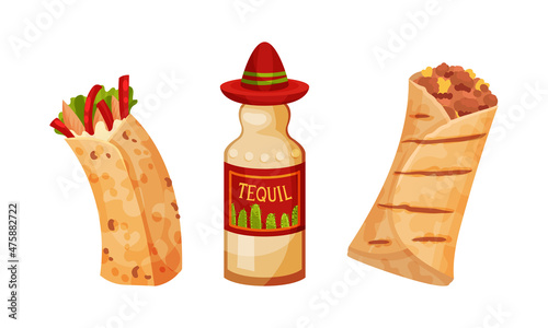 Mexican traditional food set. Burritos and bottle of tequila vector illustration