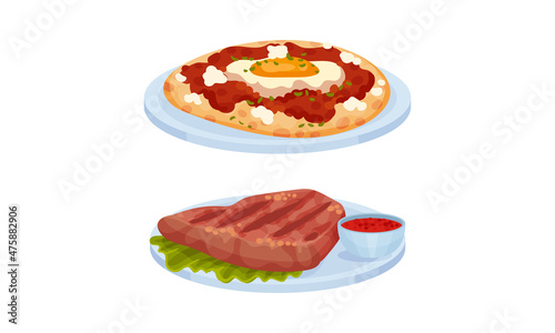 Mexican traditional food set. Grilled meat steak and tortilla with egg and cheese vector illustration