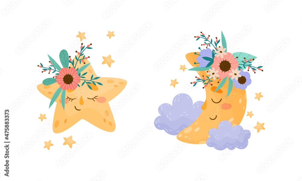 Fototapeta premium Cute crescent and star characters decorated with flowers set vector illustration