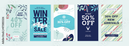 Winter sale. Vector illustrations for web and social media sale banners, shopping and e-commerce, store branding, sale tags and coupons, product promotion, marketing.