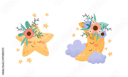 Cute crescent and star characters decorated with flowers set vector illustration