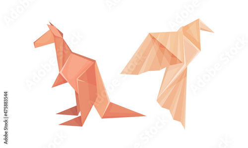 Color origami animals set. Kangaroo and flying bird Japanese origami folded toys vector illustration