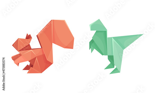 Color origami animals set. Dinosaur and squirrel Japanese origami folded toys vector illustration