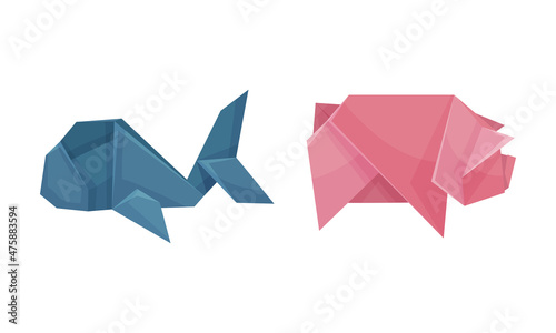 Color origami animals set. Whale and pig Japanese origami folded toys vector illustration
