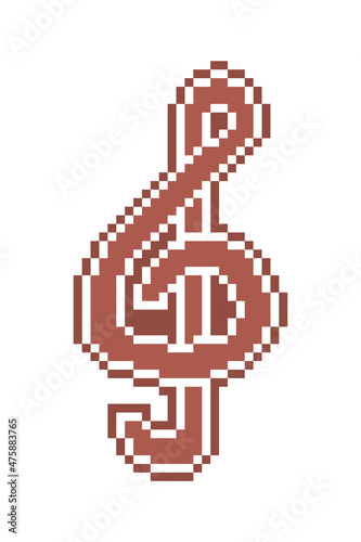 Pixel art treble clef gingerbread cookie decorated with white sugar icing, 8 bit food icon isolated on white background. Frosted chocolate biscuit. Christmas dessert. Winter holiday pastry.