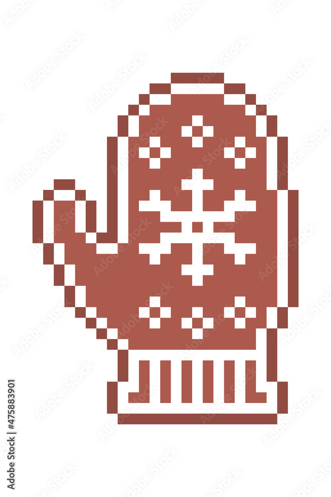 Pixel art knitted mitten with snowflake, gingerbread cookie decorated with white sugar icing, 8 bit food icon isolated on white background. Frosted biscuit. Christmas dessert. Winter holiday pastry. Pixel art knitted mitten with snowflake, gingerbread cookie decorated with white sugar icing, 8 bit food icon isolated on white background. Frosted biscuit. Christmas dessert. Winter holiday pastry.