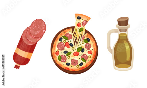 Cooking pizza set. Freshly prepared pizza and cooking ingredients vector illustration