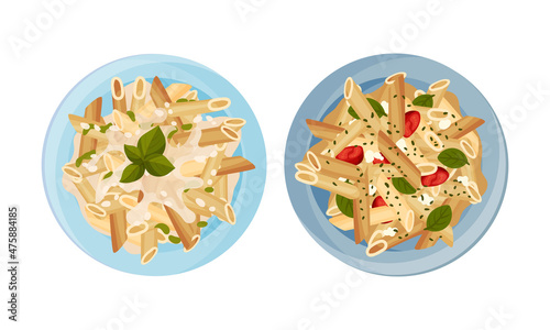 Top view of cooked pasta dishes served on plates vector illustration