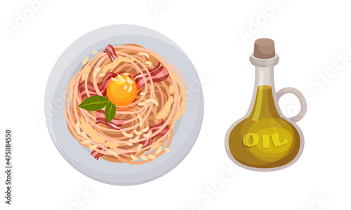 Pasta with bacon and egg sauce. Jug of olive oil, ingredient for pasta cooking vector illustration
