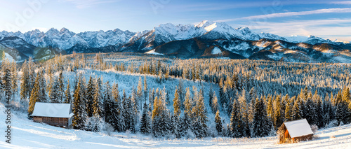 Sunrise in Winter Tatras Mountains, Poland. Highland Landscape Panorama