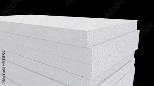 Photos 3D rendering of stacked styrofoam sheets isolated on a black background