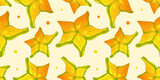Seamless pattern of exotic carambola fruit in bright colors. Illustration for advertising, packaging or publishing recipes. Culinary fruit illustration