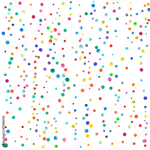 Fototapeta Naklejka Na Ścianę i Meble -  Watercolor confetti on white background. Actual rainbow colored dots. Happy celebration square colorful bright card. Extra hand painted confetti.