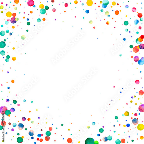 Watercolor confetti on white background. Admirable rainbow colored dots. Happy celebration square colorful bright card. Lively hand painted confetti.