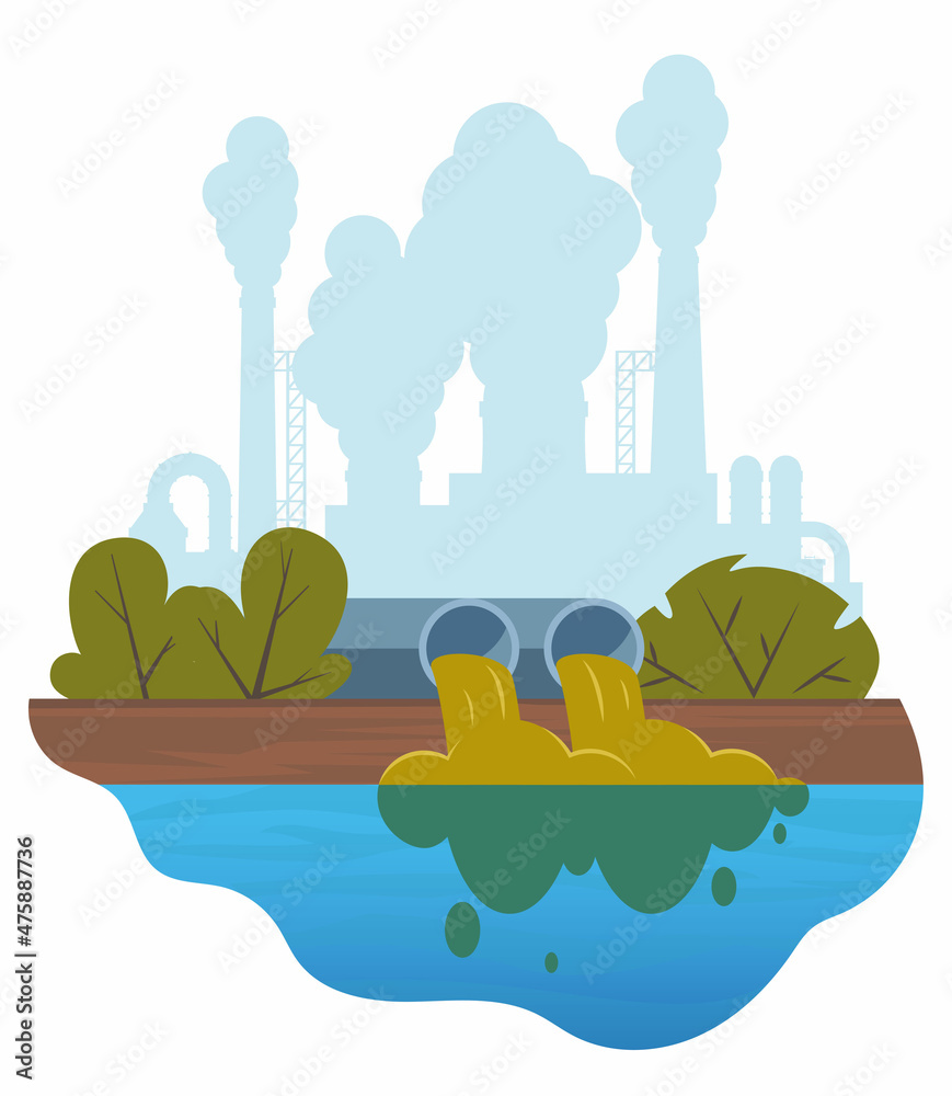 Dirty water stems from the pipe polluting the river. Discharge of liquid chemical waste. Factory in the background. The danger for the environment. Flat vector illustration for infographics.