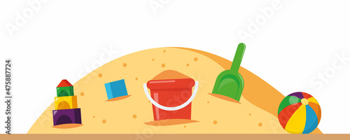Sandbox with pile of sand and children toys in flat style. Sandpit with kids shovel, bucket and car on pile of yellow powder. Vector illustration. photo