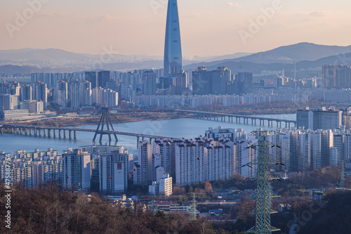 Photography Cityscape of Seoul, South Korea from the top of mountain in the daytime