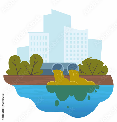 Dirty water stems from the pipe polluting the river. Discharge of liquid chemical waste. City in the background. The danger for the environment. Flat vector illustration for infographics.