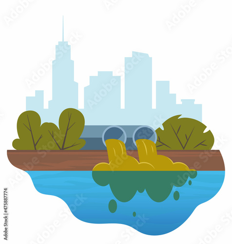 Dirty water stems from the pipe polluting the river. Discharge of liquid chemical waste. City in the background. The danger for the environment. Flat vector illustration for infographics.