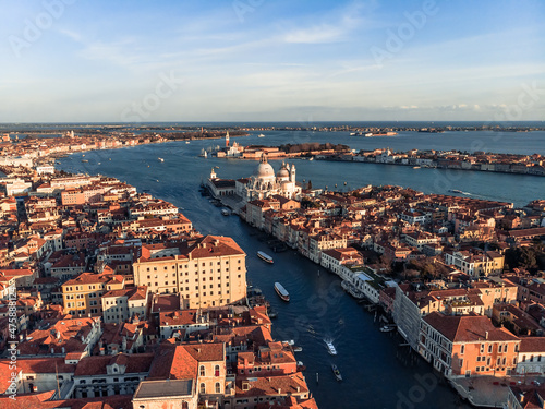 Aerial view of the city of Venice. Drone shot on the busiest Grand Canal in northern Italy. Opening panorama of the Adriatic lagoon.