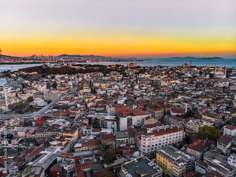 Drone shot of a panoramic view of Istanbul. Residential area of ​​Istanbul. Densely built up Istanbul. Drone view of the Turkish city. Old architecture of Turkey.