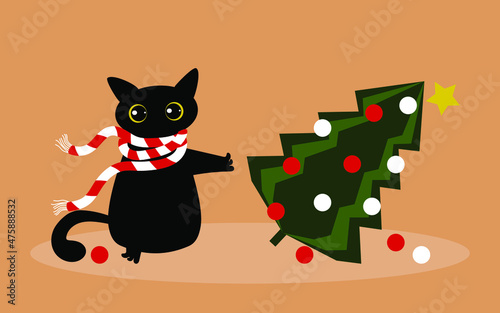 A funny naughty black cat dropped a Christmas tree with balls and looks in surprise. Festive new year card with animal. Vector.