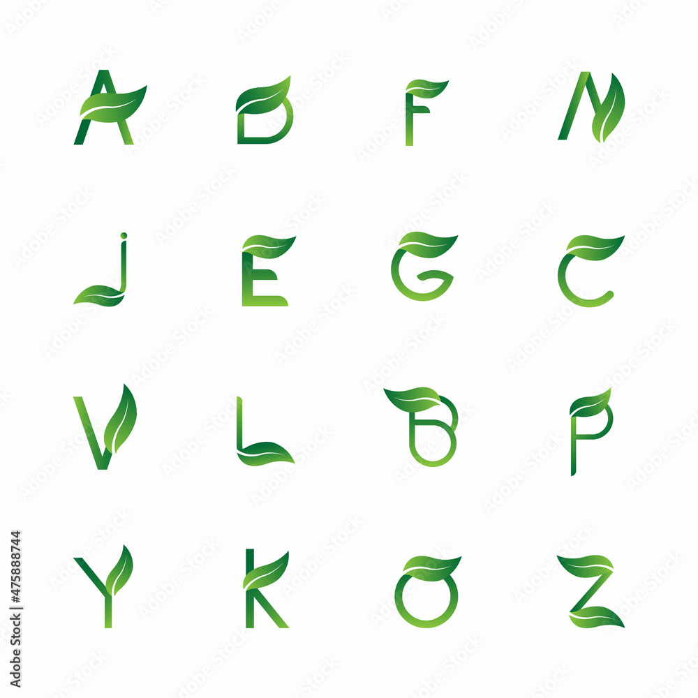 green alphabet letter initials set logo with leaves. unique and simple symbols. white background. modern templates. for corporate branding and graphic design. vector illustration green alphabet letter initials set logo with leaves. unique and simple symbols. white background. modern templates. for corporate branding and graphic design. vector illustration