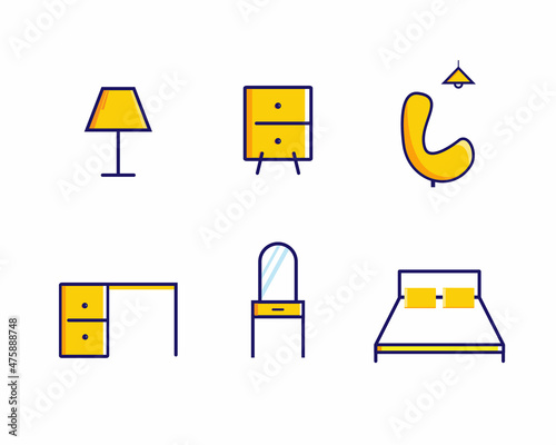 modern furniture icon set logo, with a bright and cheerful concept. simple and unique logo for corporate branding and graphic design. chair, table, cupboard, lamp icon. vector illustration