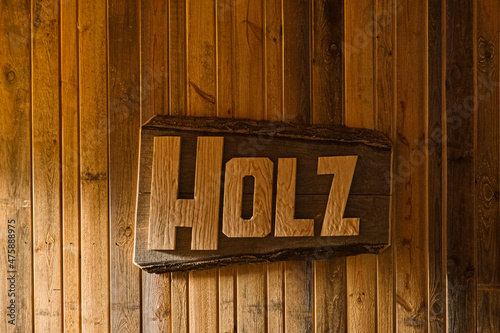 Wort  Holz aus Holz an einer Holzwand hängend