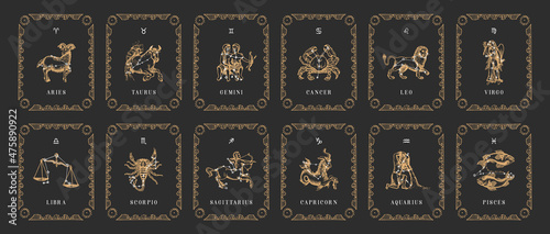Vintage horoscope cards. Zodiac symbols in vector.
