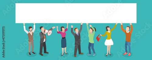 3D Isometric Flat Vector Conceptual Illustration of Protesting People, Crowd Holding Horizonal White Blank Banner
