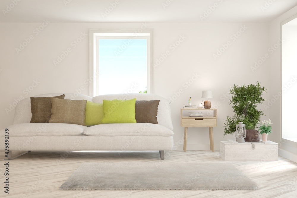 Fototapeta premium White living room with sofa. Scandinavian interior design. 3D illustration
